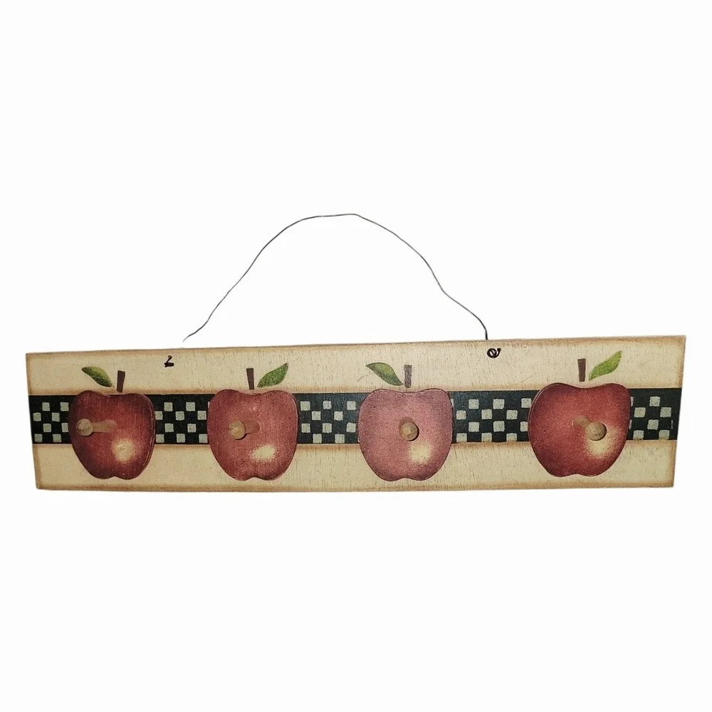 Primitive Country Apple Wooden Peg Rack 4 Hooks Farmhouse Kitchen Wall Decor
